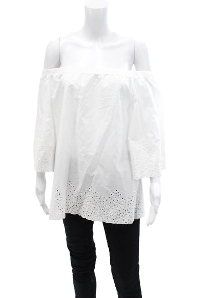 4 Love And Liberty Womens Eyelet Print Off Shoulder Blouse White Size 4