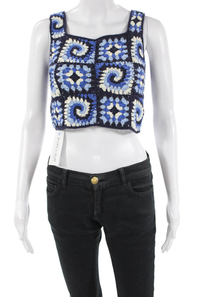Staud Womens Crochet Cropped Tank Top Navy Blue White Cotton Size Extra Small