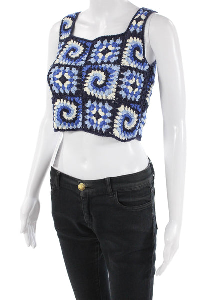 Staud Womens Crochet Cropped Tank Top Navy Blue White Cotton Size Extra Small