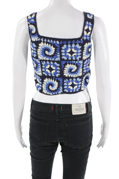 Staud Womens Crochet Cropped Tank Top Navy Blue White Cotton Size Extra Small