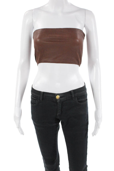 SPRWMN Womens Leather Strapless Tube Top Blouse Brown Size Extra Small