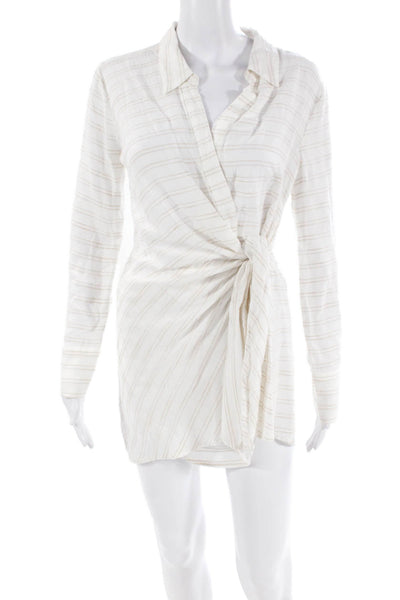 L Space Womens Striped Long Sleeves Shirt Dress White Beige Cotton Size Small