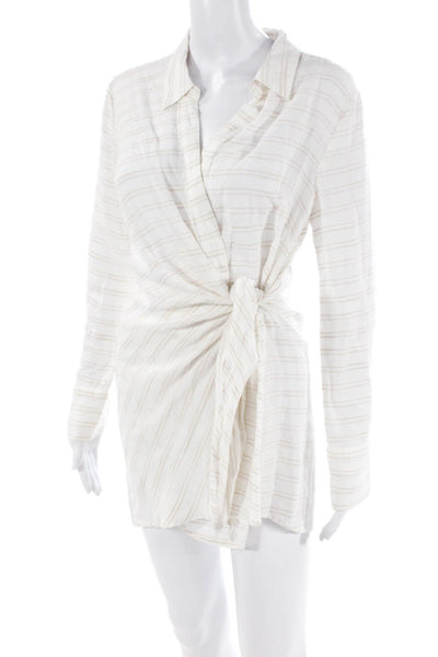 L Space Womens Striped Long Sleeves Shirt Dress White Beige Cotton Size Small
