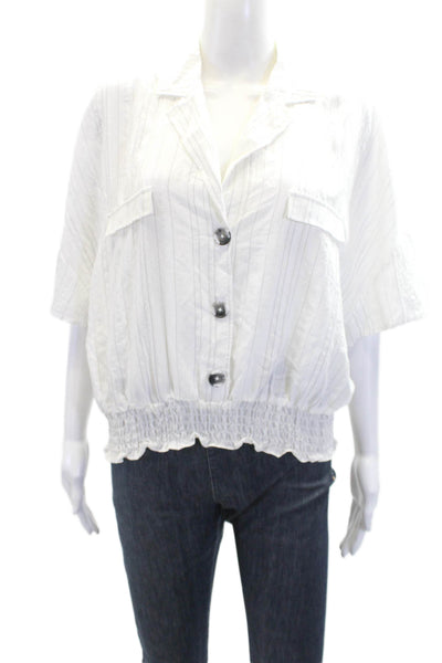 Laundry Womens Striped Collared Short Sleeve Smocked Waist Crop Top White Size L