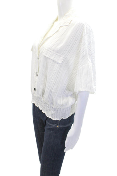Laundry Womens Striped Collared Short Sleeve Smocked Waist Crop Top White Size L