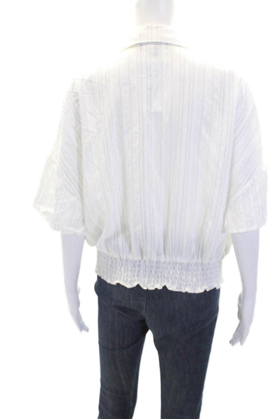 Laundry Womens Striped Collared Short Sleeve Smocked Waist Crop Top White Size L