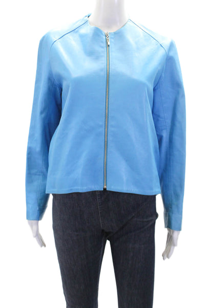 Sharis Womens Textured Long Sleeve Full Zip Fitted Jacket Blue Size 04