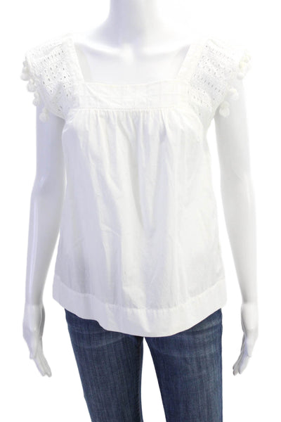 J Crew Womens Sleeveless Square Neck Embroidered Pom Pom Top White Size 0