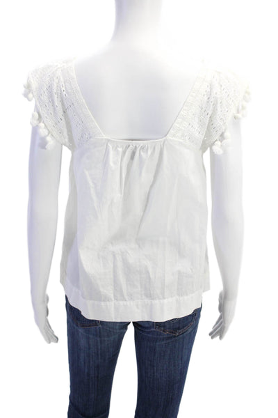 J Crew Womens Sleeveless Square Neck Embroidered Pom Pom Top White Size 0