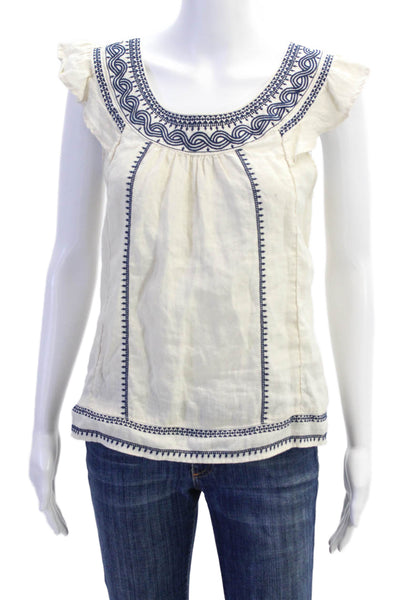 Point Sur Womens Cap Sleeve Scoop Neck Embroidered Top White Size XS