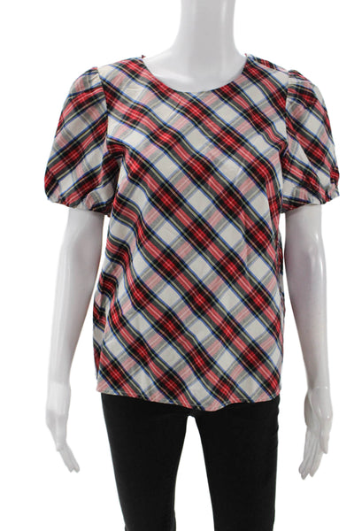 J Crew Womens Cotton Plaid Print Round Neck Puff Sleeve Blouse Red Size S