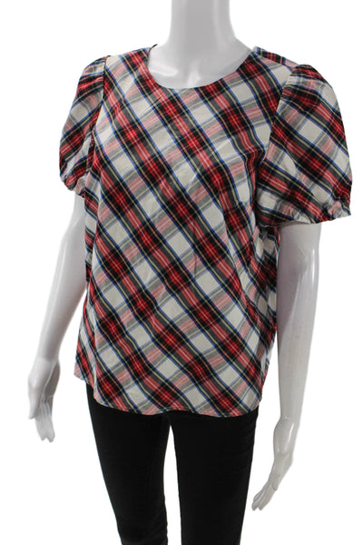 J Crew Womens Cotton Plaid Print Round Neck Puff Sleeve Blouse Red Size S