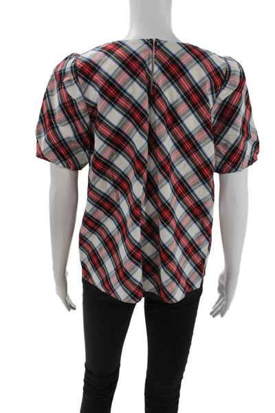 J Crew Womens Cotton Plaid Print Round Neck Puff Sleeve Blouse Red Size S