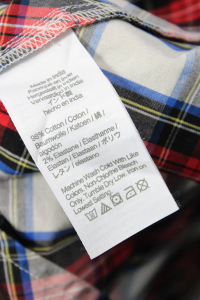 J Crew Womens Cotton Plaid Print Round Neck Puff Sleeve Blouse Red Size S