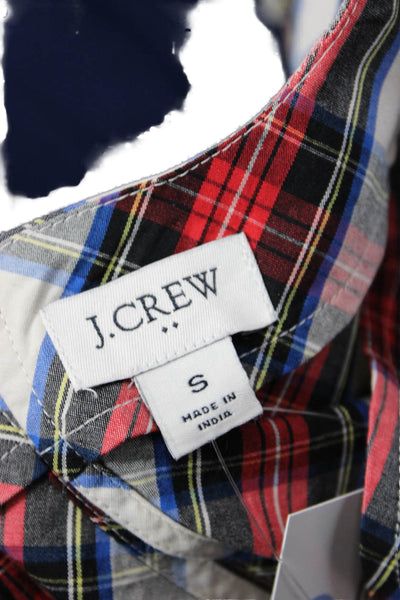 J Crew Womens Cotton Plaid Print Round Neck Puff Sleeve Blouse Red Size S