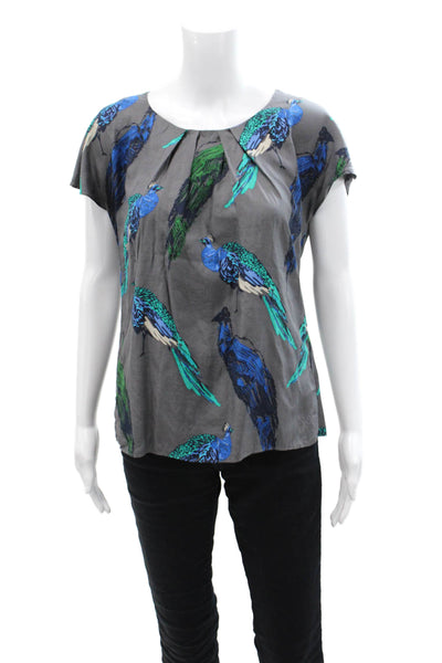 Boden Womens Graphic Print Pleated Neckline Short Sleeve Blouse Top Gray Size 8