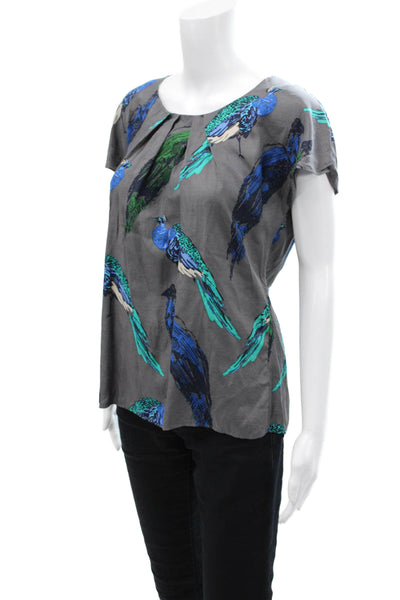 Boden Womens Graphic Print Pleated Neckline Short Sleeve Blouse Top Gray Size 8