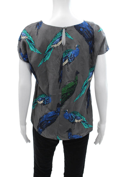 Boden Womens Graphic Print Pleated Neckline Short Sleeve Blouse Top Gray Size 8