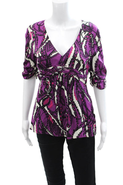 Elie Tahari Womens Abstract Print Quarter Sleeve V-Neck Blouse Purple Size M