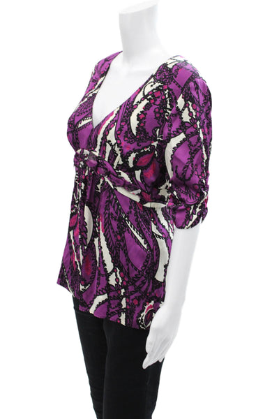 Elie Tahari Womens Abstract Print Quarter Sleeve V-Neck Blouse Purple Size M