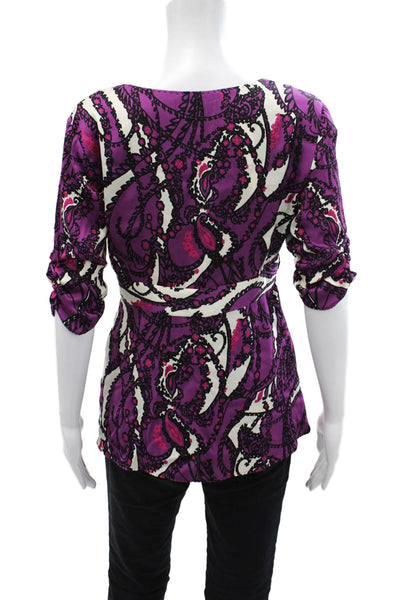 Elie Tahari Womens Abstract Print Quarter Sleeve V-Neck Blouse Purple Size M