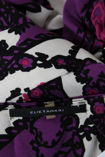Elie Tahari Womens Abstract Print Quarter Sleeve V-Neck Blouse Purple Size M