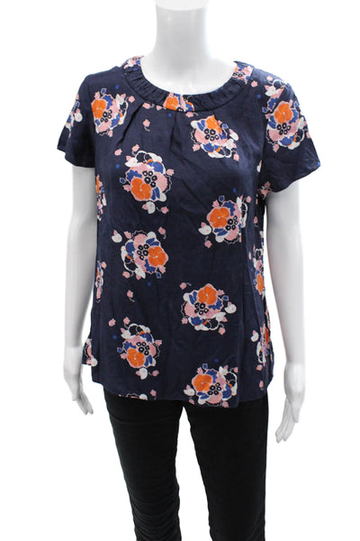 Boden Womens Floral Print Short Sleeve Ruched Neckline Blouse Navy Blue Size 10