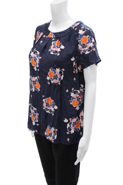 Boden Womens Floral Print Short Sleeve Ruched Neckline Blouse Navy Blue Size 10