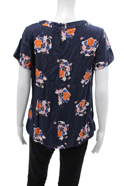 Boden Womens Floral Print Short Sleeve Ruched Neckline Blouse Navy Blue Size 10