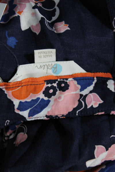 Boden Womens Floral Print Short Sleeve Ruched Neckline Blouse Navy Blue Size 10