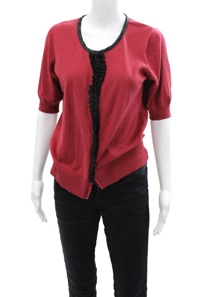 DKNY Womens Cotton Ruffle Detail Short Sleeve Open Front Cardigan Red Size M