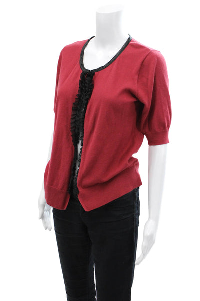 DKNY Womens Cotton Ruffle Detail Short Sleeve Open Front Cardigan Red Size M
