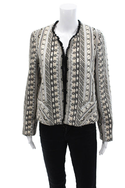 Drew Womens Cotton Woven Detail Pocketed Fringe Trim Jacket White Size M