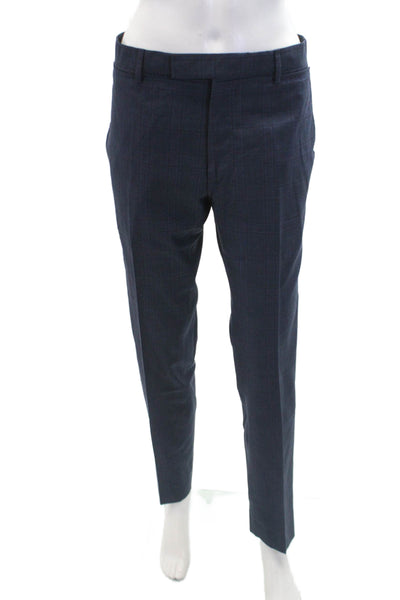 Lanvin Womens Wool Flat Front Plaid Straight Leg Slacks Blue Size 48