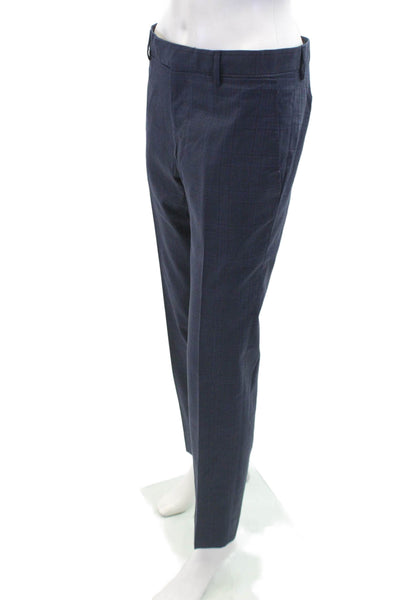 Lanvin Womens Wool Flat Front Plaid Straight Leg Slacks Blue Size 48