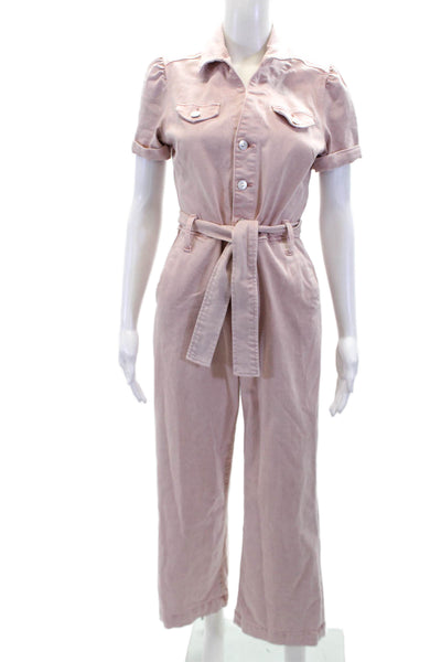 Paige Womens Button Front Short Sleeve Belted Jumpsuit Pink Cotton Size 2