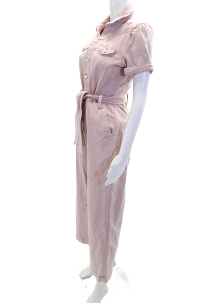 Paige Womens Button Front Short Sleeve Belted Jumpsuit Pink Cotton Size 2