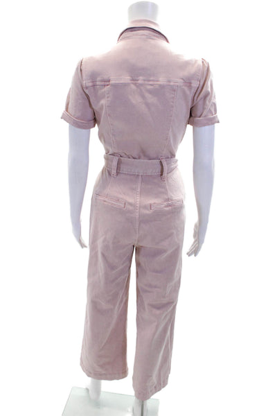 Paige Womens Button Front Short Sleeve Belted Jumpsuit Pink Cotton Size 2