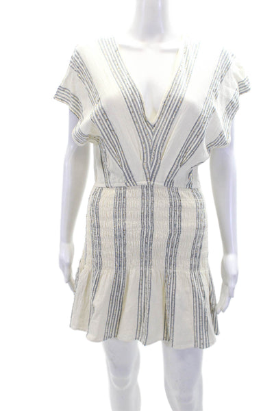 Saylor Womens Short Sleeve V Neck Smocked Striped Dress White Blue Size XS