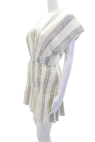 Saylor Womens Short Sleeve V Neck Smocked Striped Dress White Blue Size XS