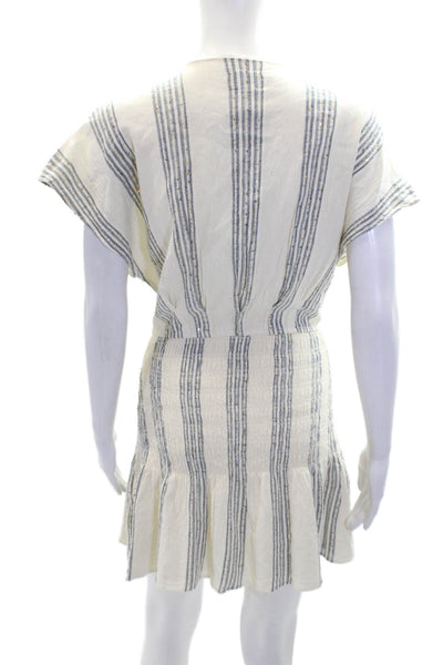 Saylor Womens Short Sleeve V Neck Smocked Striped Dress White Blue Size XS