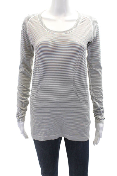 Lululemon Womens Striped Round Neck Long Sleeve Activewear Top White Size 4