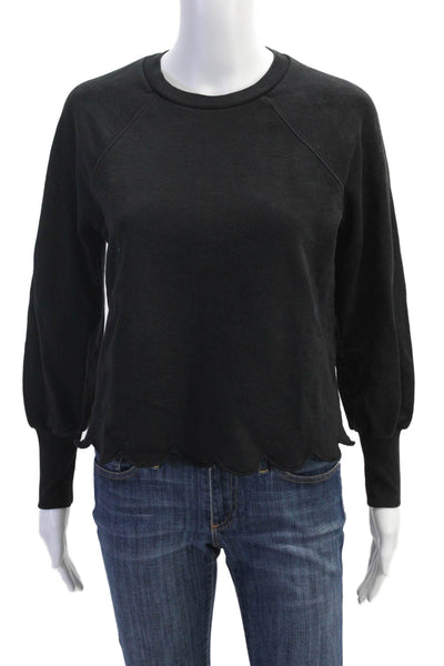 Frame Womens Cotton Solid Crew Neck Scalloped Hem Sweatshirt Top Black Size XS