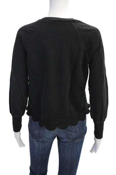 Frame Womens Cotton Solid Crew Neck Scalloped Hem Sweatshirt Top Black Size XS