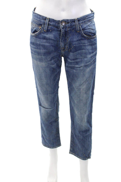 Current/Elliott Womens Denim Embroidered Mid-Rise Straight Jeans Blue Size 24