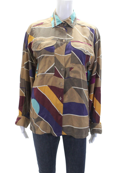 Escada Womens Button Front Collared Vintage Silk Shirt Brown Blue Size FR 38