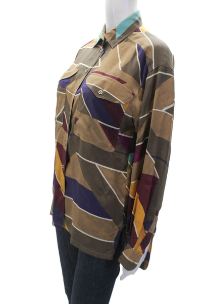 Escada Womens Button Front Collared Vintage Silk Shirt Brown Blue Size FR 38