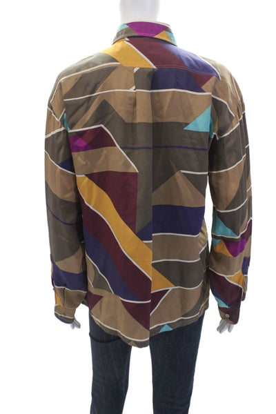 Escada Womens Button Front Collared Vintage Silk Shirt Brown Blue Size FR 38
