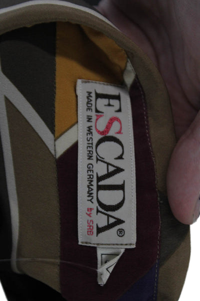 Escada Womens Button Front Collared Vintage Silk Shirt Brown Blue Size FR 38