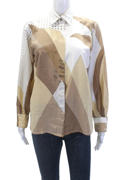 Louis Feraud Womens Button Front Polka Dot Colorblock Shirt White Brown Size 8